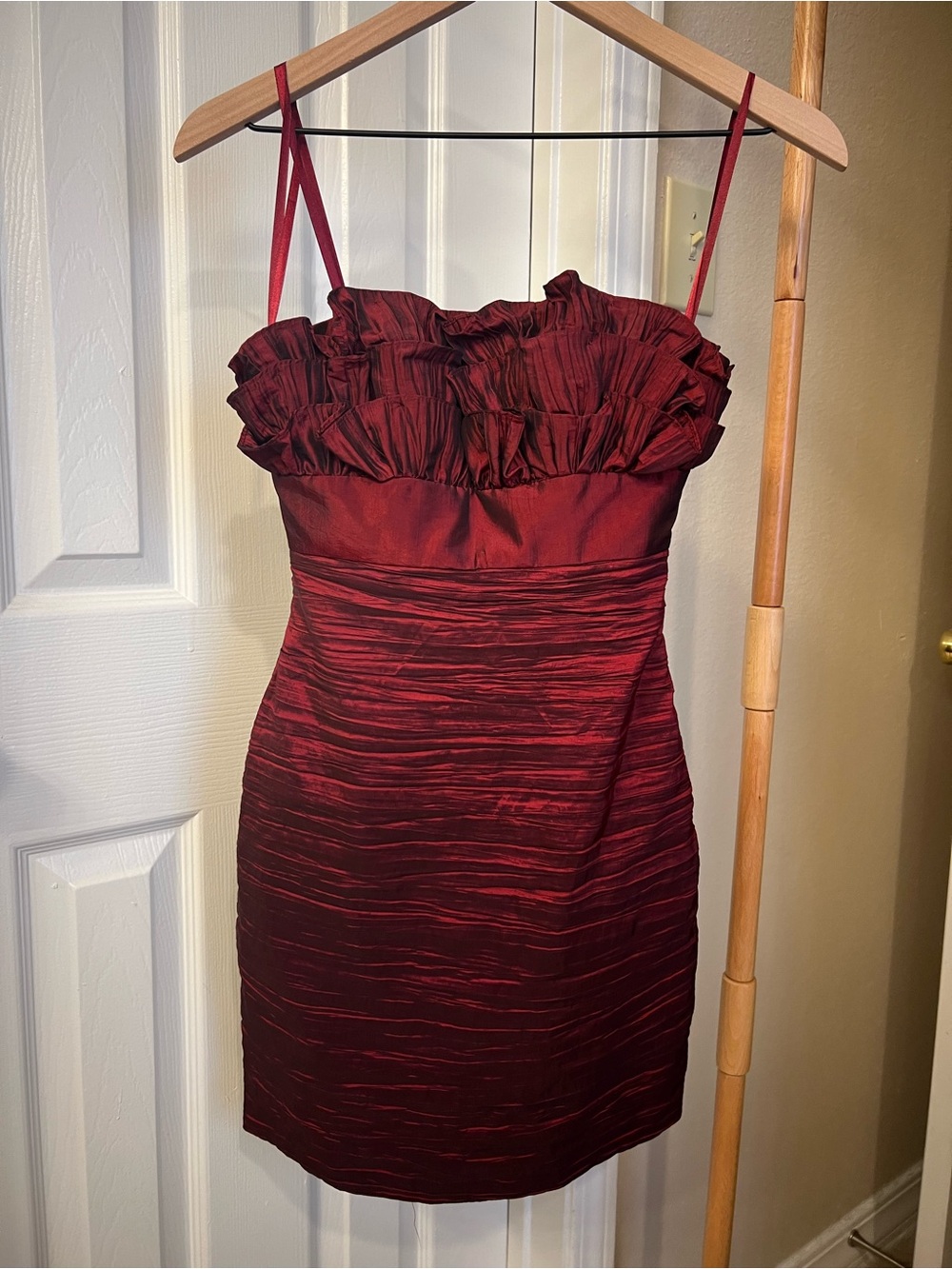 Sean Collection Red and Black Ruffled Strap Mini Dress